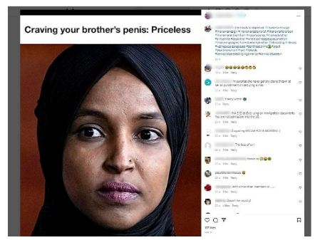 Figure 5: Example of an Instagram post targeting Ilhan Omar with gendered disinformation and sexual content.