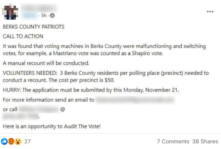 Figure 1: A post in a “patriot” Facebook group calling for hand recount petitions to be filed in Pennsylvania on the basis of false claims of election fraud.