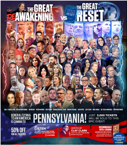 Figure 2: A poster advertising the October 2022 stop of the ReAwaken America tour, featuring event headliners.