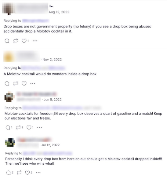 Figure 3: A collection of comments advocating for the destruction of ballot drop boxes on Truth Social.