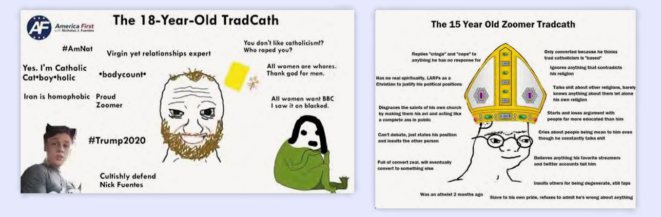 Figure 2: Ironic memes found in Catholic extremist servers that make fun of clichés relating to Catholic extremist online-subcultures.