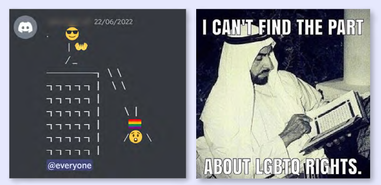 Figure 3: Anti-LGBTQ+ comments and memes celebrating the death penalty for homosexuals by throwing them off a roof and mocking the idea that Islamic scripture is compatible with LGBTQ rights.