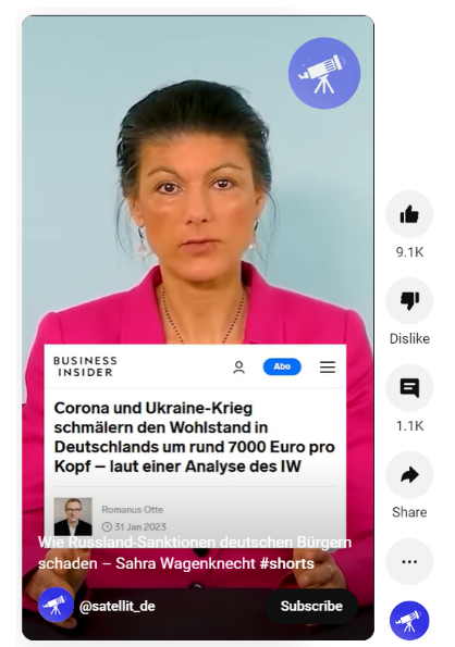 Figure 5: YouTube Short featuring Sahra Wagenknecht saying that sanctions against Russia are hurting Germans.