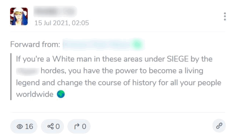 Figure 1: A Terrorgram Channel with Dylann Roof as profile picture and a comment which references James Mason’s SIEGE.