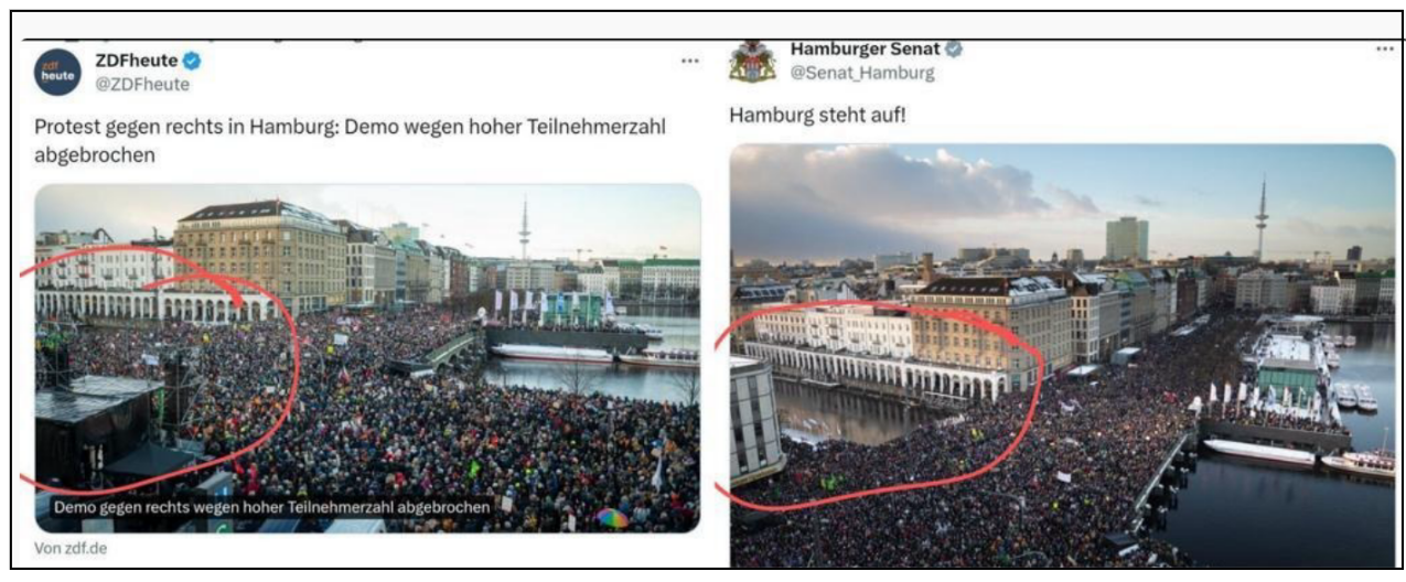 Image 1: Screenshot of a post by Journalistenwatch with the title “Mass demonstrations ‘against the right’: lies, trickery, and propaganda” (accessed 16/02/2024).