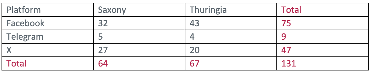 Figure 1: Number of identified AfD accounts on selected platforms in Saxony and Thuringia.