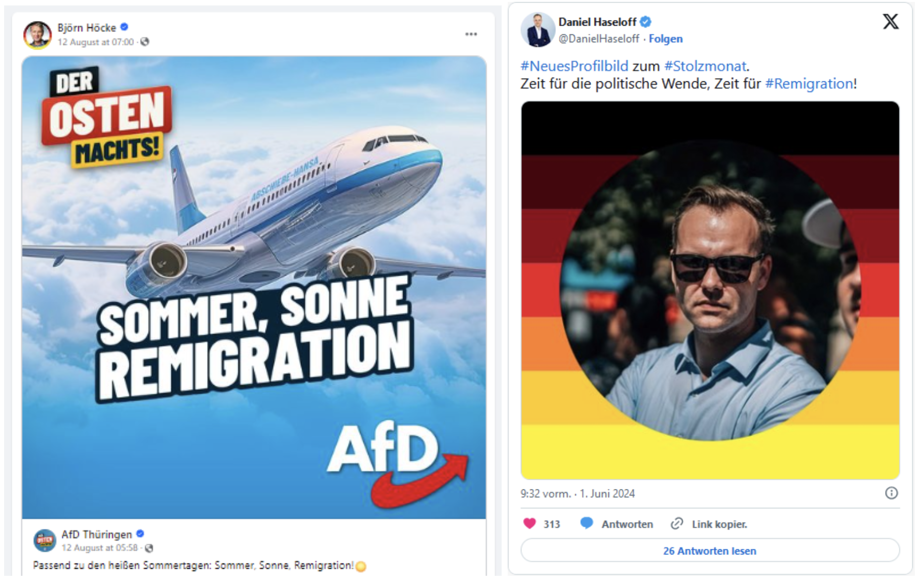 Figure 4: Examples of posts on X and Facebook mentioning the term "remigration", with one also mentioning the “Stolzmonat”