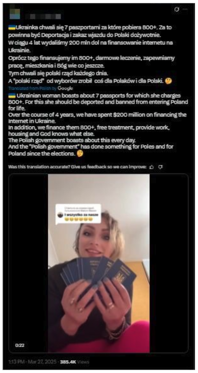 Image 8. A post on X by a verified Polish pro-Kremlin influencer account featuring the video of a Ukrainian lady with seven passports. The user called for her deportation and blamed the government for spending more money on Ukrainian refugees than on Poles.